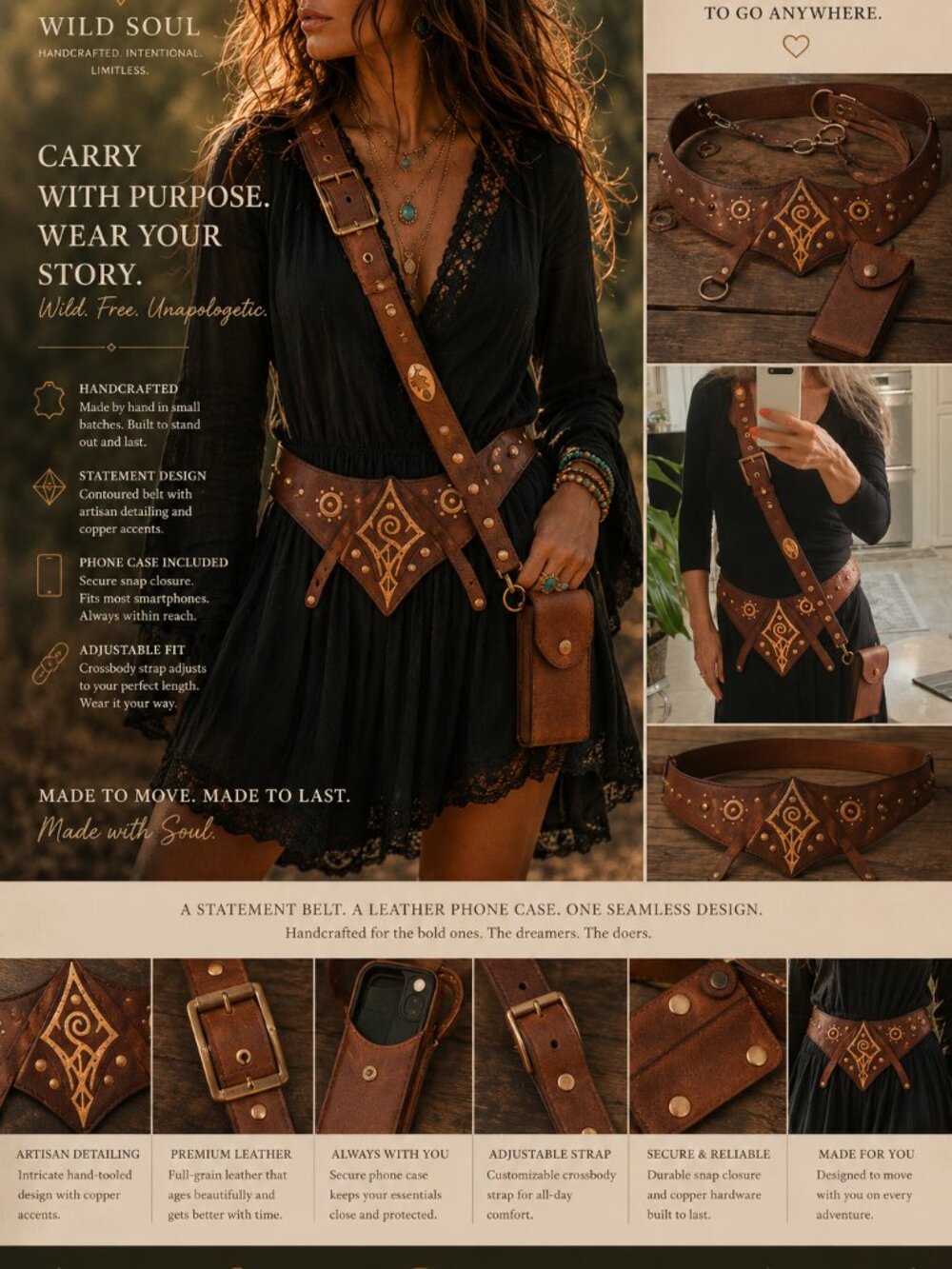 BOHO Contoured belt - BRAND NEW -AVAILABLE WITH  –crossbody strap and phone case